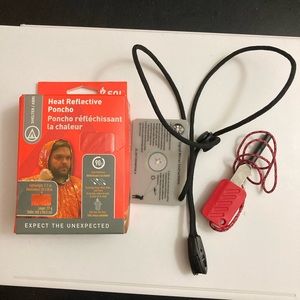 Emergency poncho, singnal mirror, camping lighter, hiking must-have items